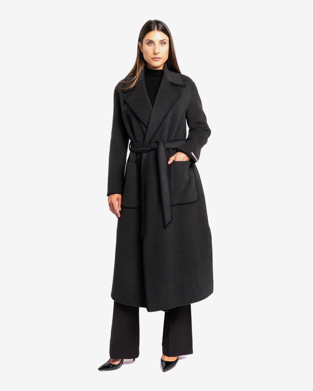 Cappotto con profilo ricamato nero in lana e cashmere grigio