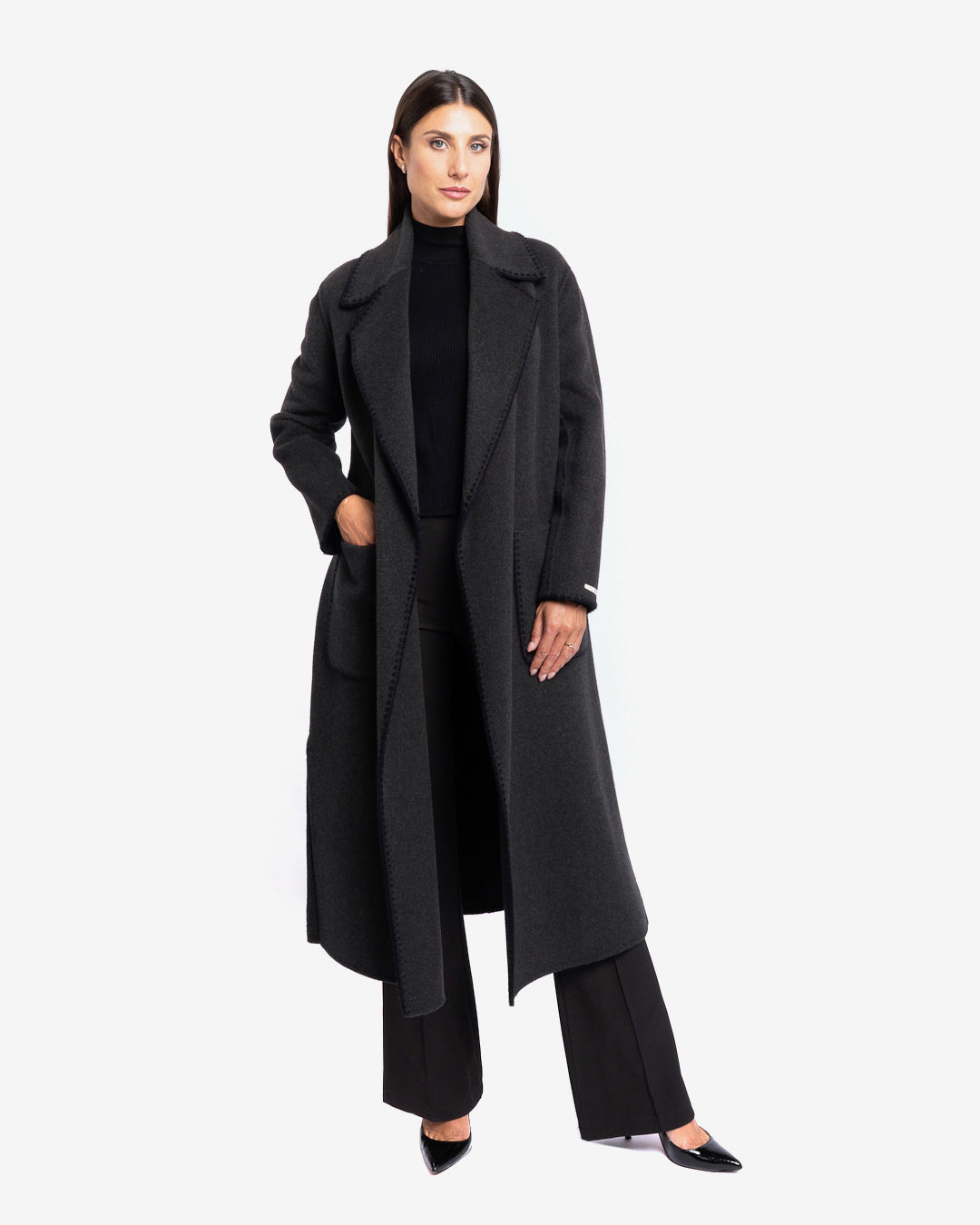 Cappotto con profilo ricamato nero in lana e cashmere grigio