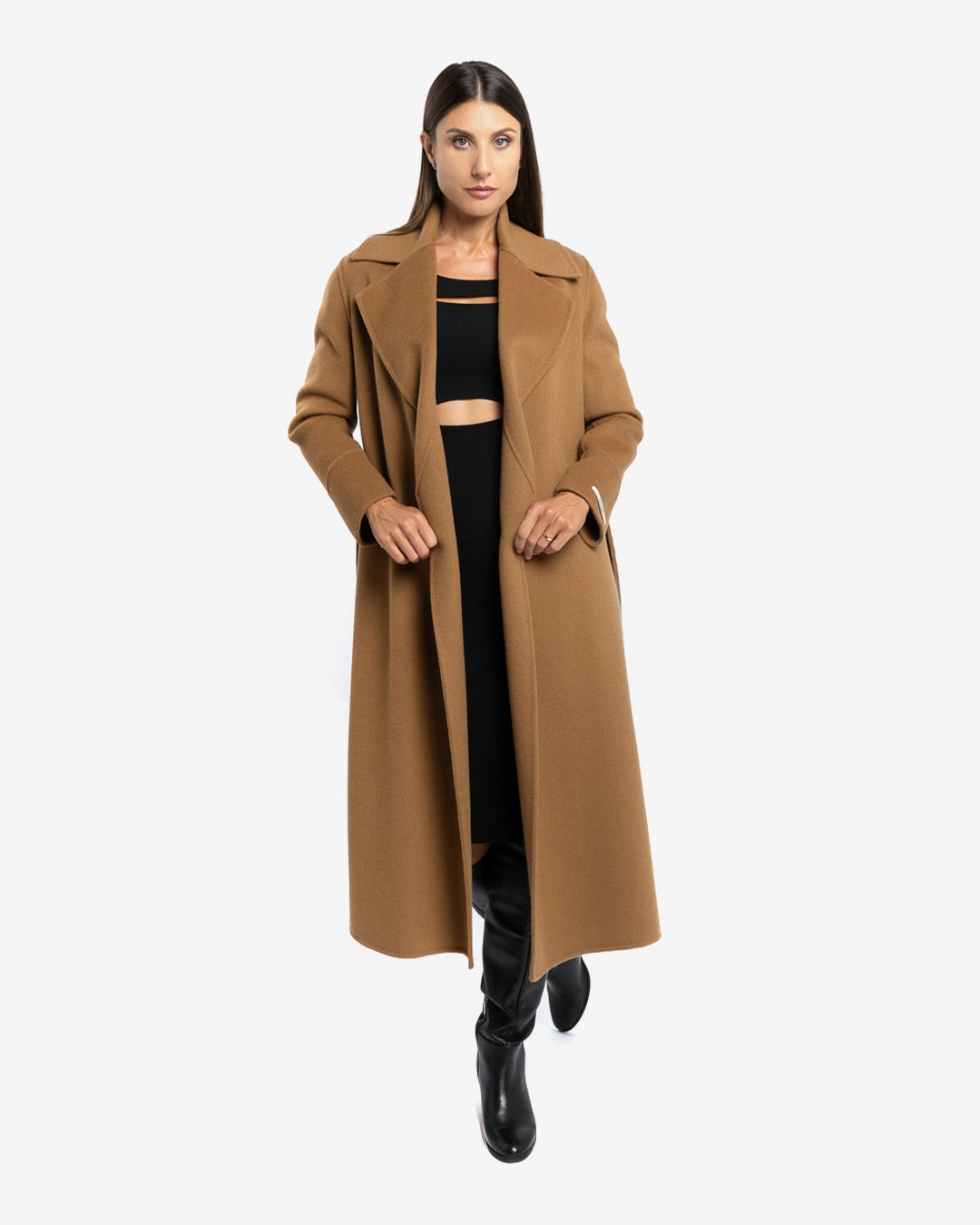 Cappotto lungo tasche a filetto in lana e cashmere cammello