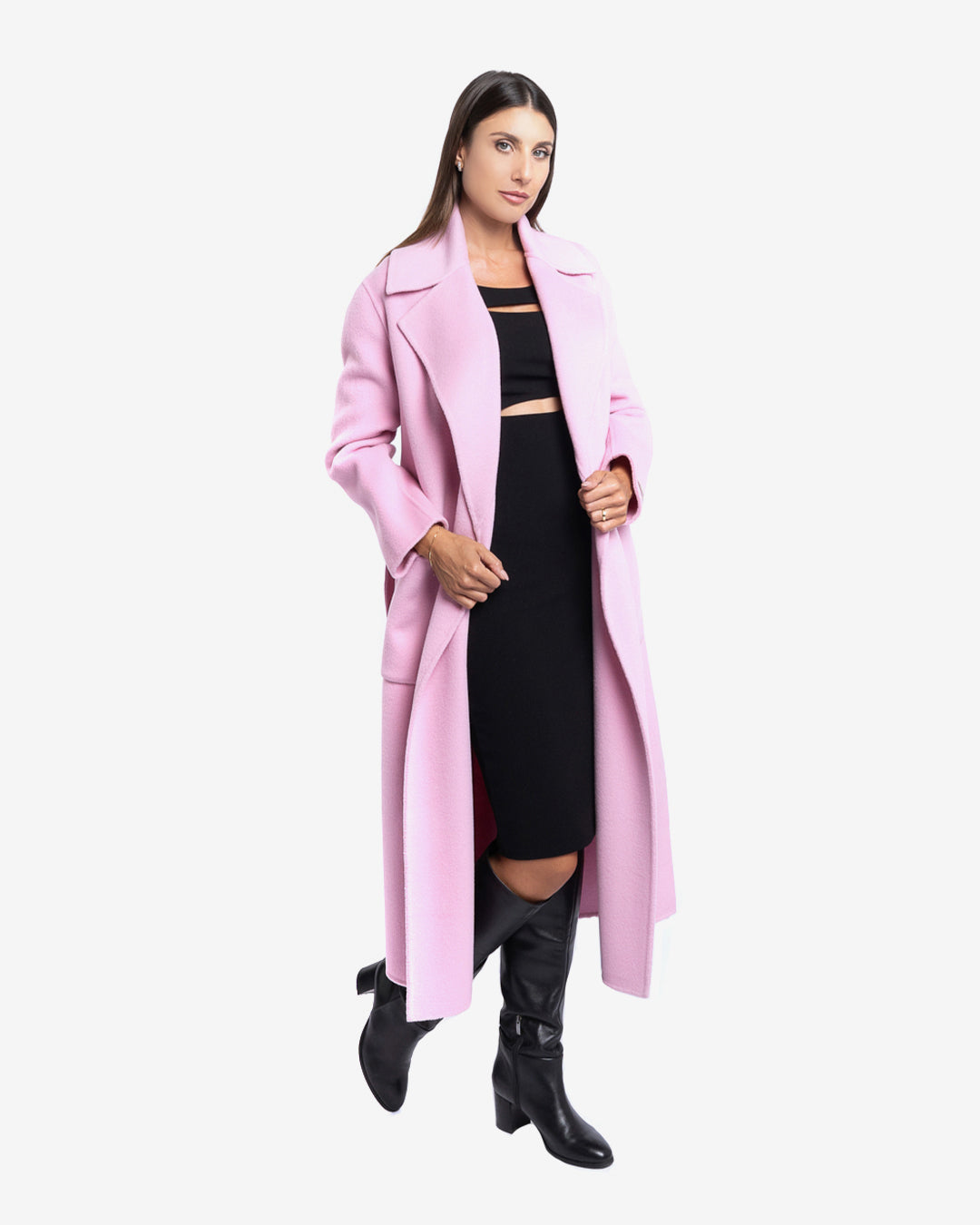 Cappotto lungo tasche applicate in lana e cashmere rosa