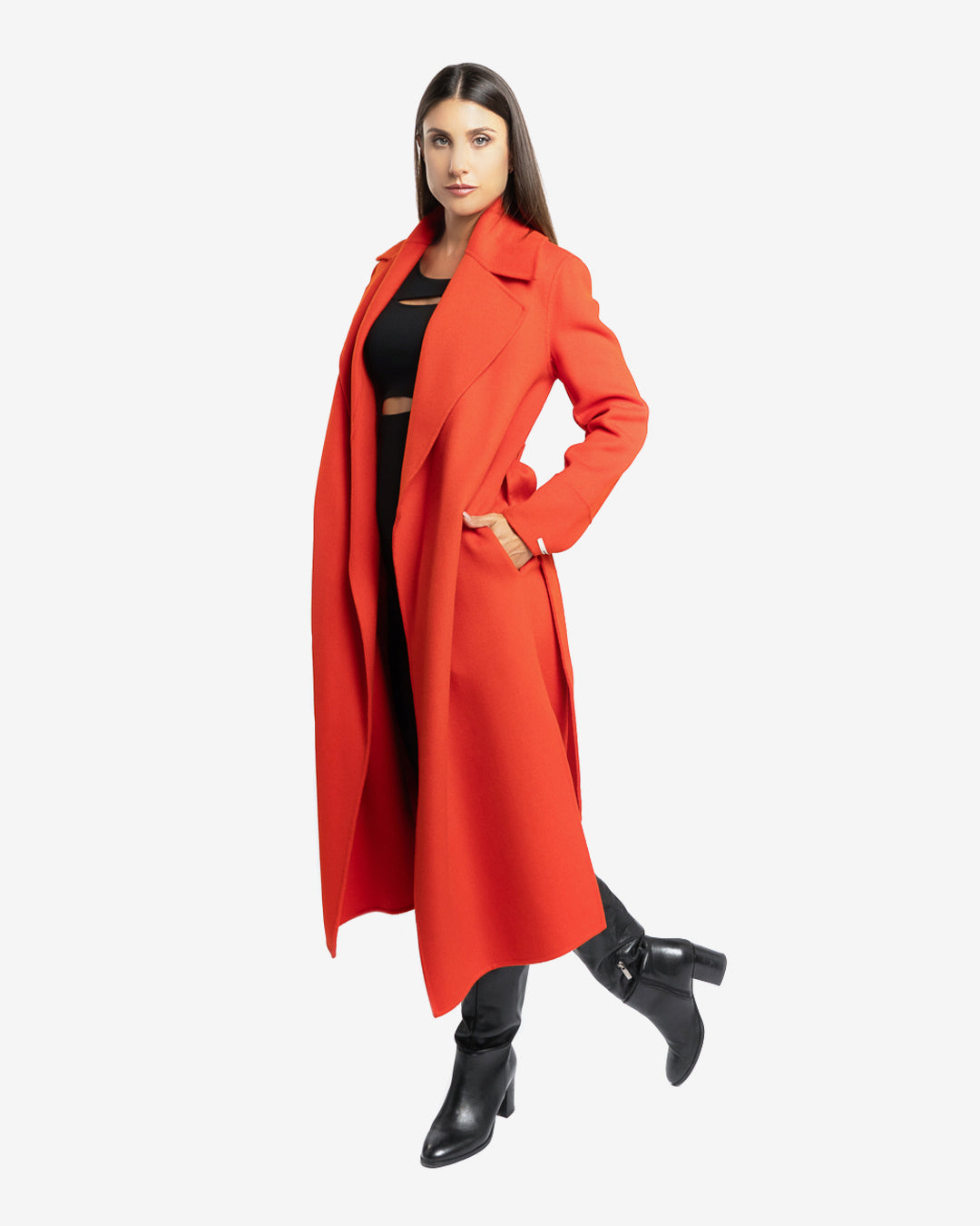 Cappotto lungo tasche a filetto in lana e cashmere arancione