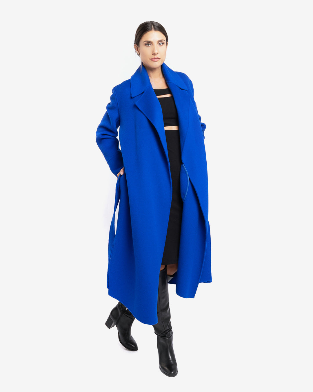 Cappotto lungo tasche a filetto in lana e cashmere bluette