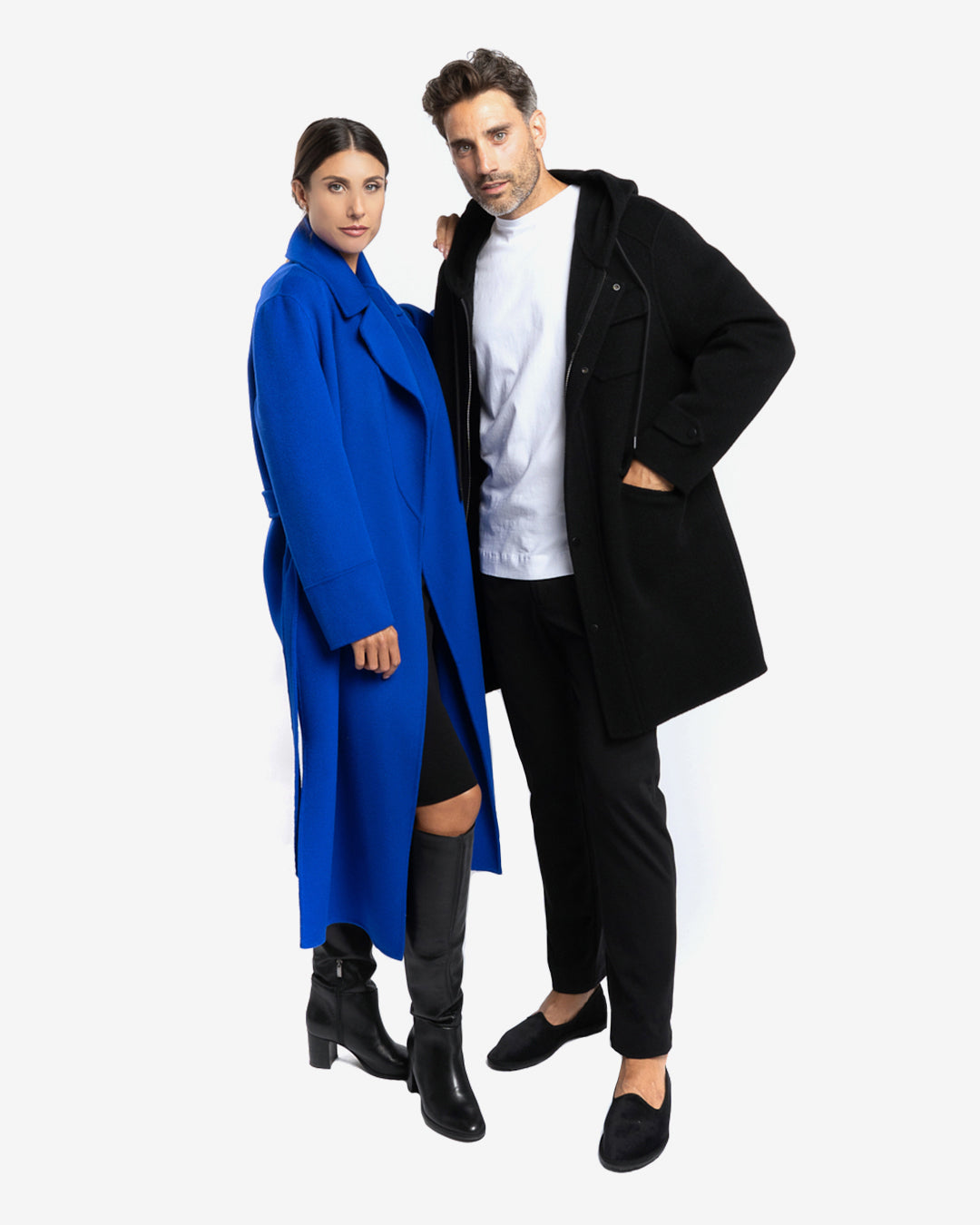 Cappotto lungo tasche a filetto in lana e cashmere bluette