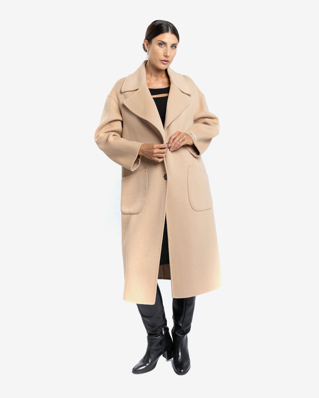 Cappotto over in lana e cashmere cammello
