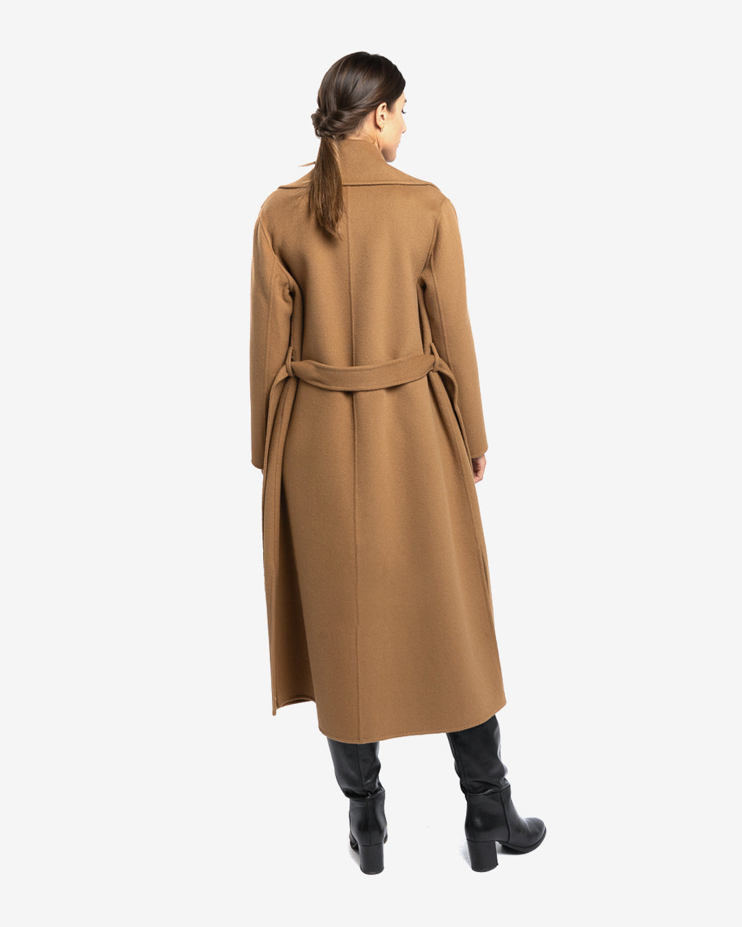 Cappotto lungo tasche applicate in lana e cashmere cammello