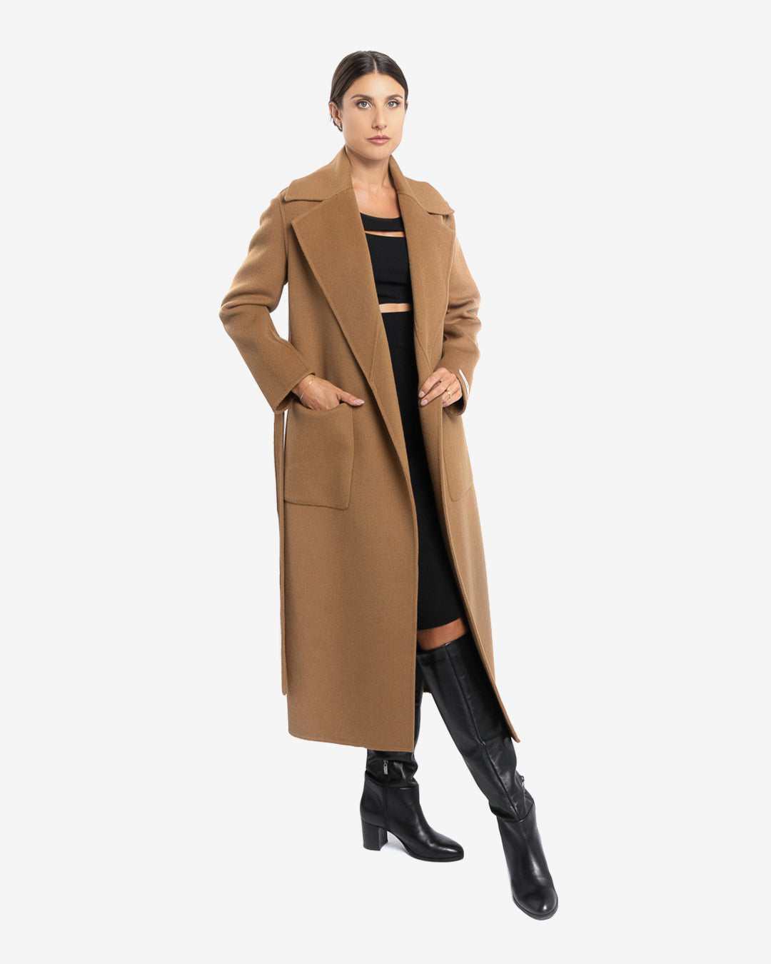 Cappotto lungo tasche applicate in lana e cashmere cammello