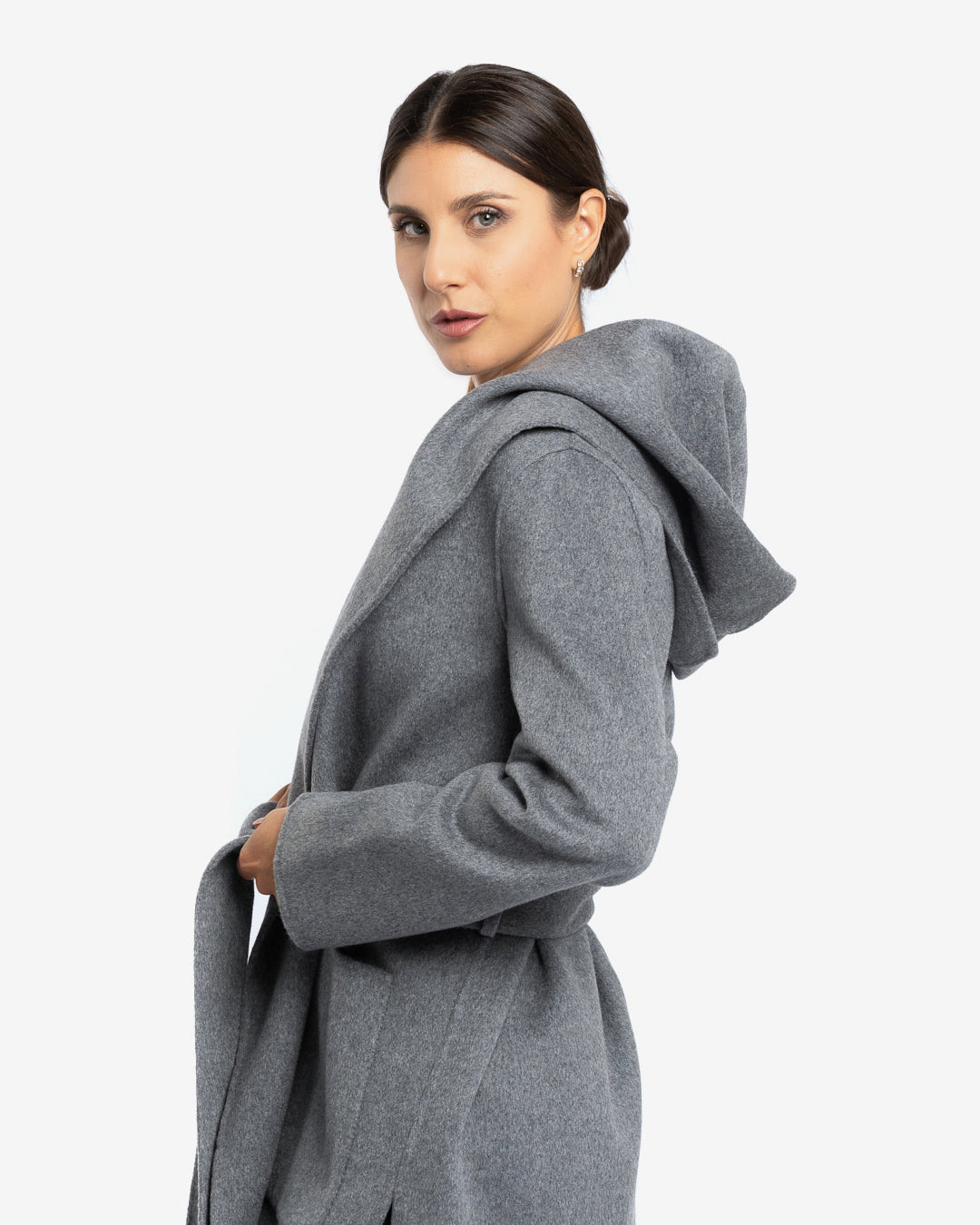 Cappotto midi con cappuccio in lana e cashmere grigio