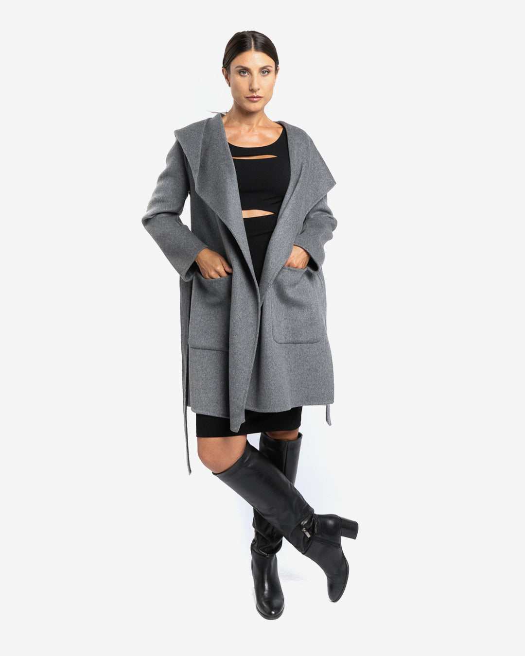 Cappotto midi con cappuccio in lana e cashmere grigio