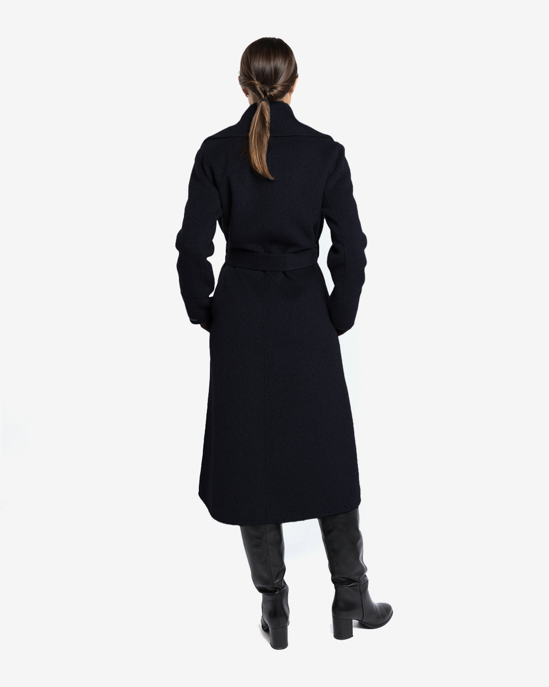 Cappotto lungo tasche a filetto in lana e cashmere blu navy