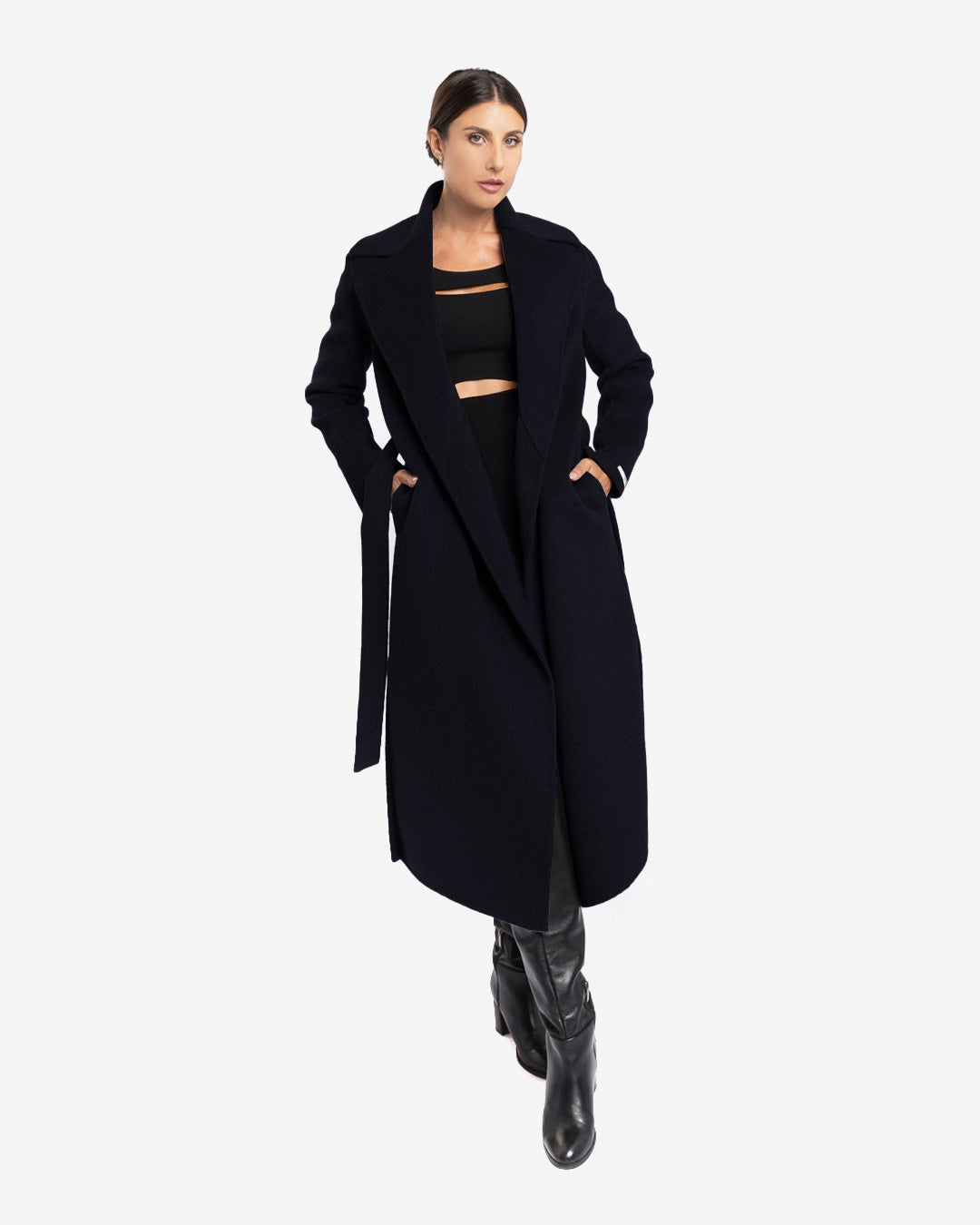 Cappotto lungo tasche a filetto in lana e cashmere blu navy