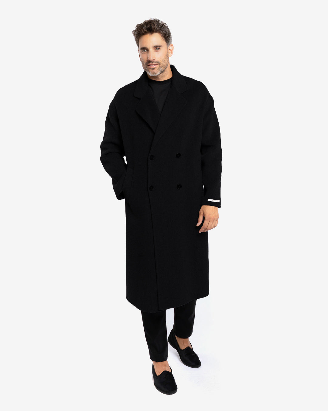 Cappotto lungo doppiopetto in lana e cashmere nero