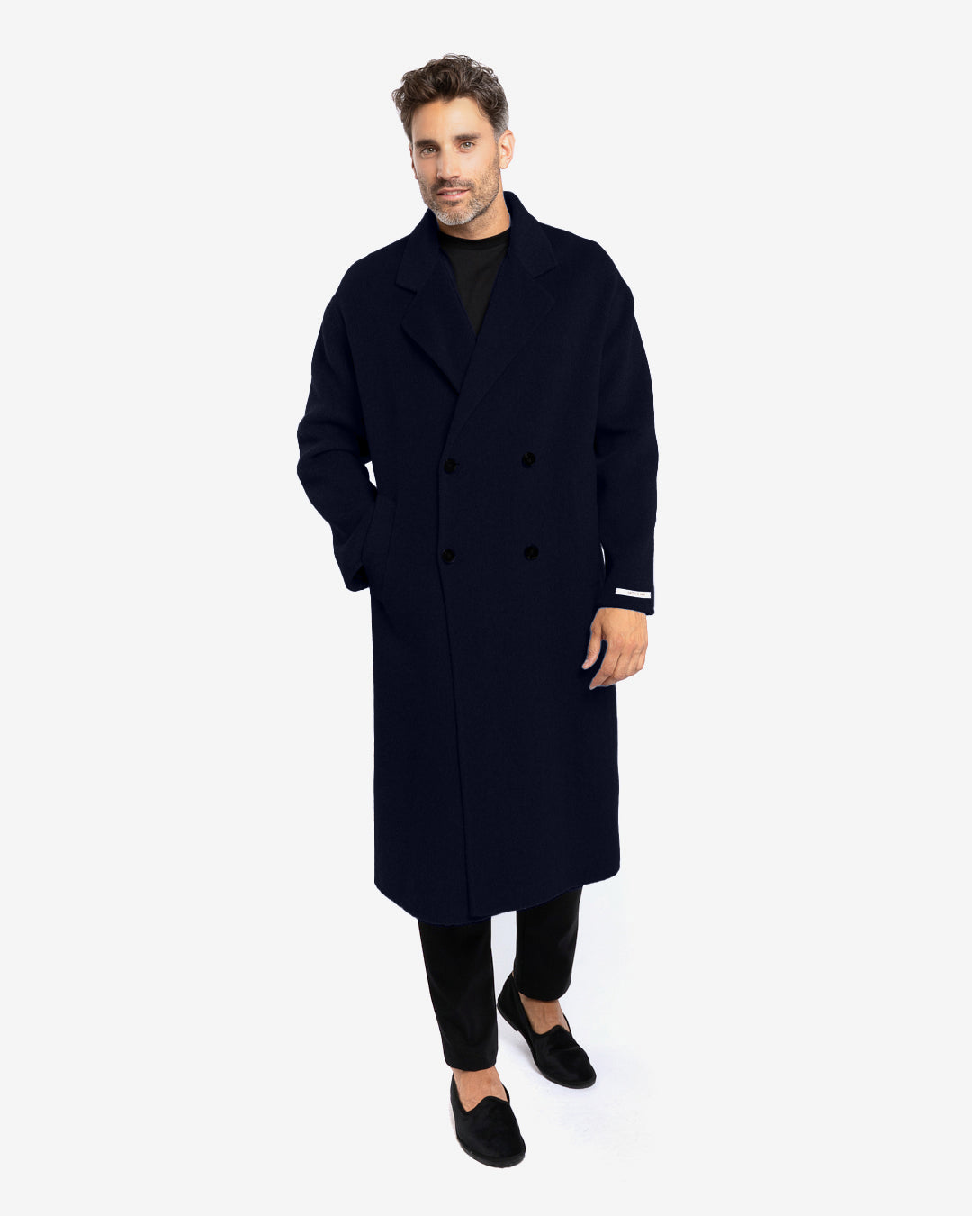 Cappotto lungo doppiopetto in lana e cashmere blu