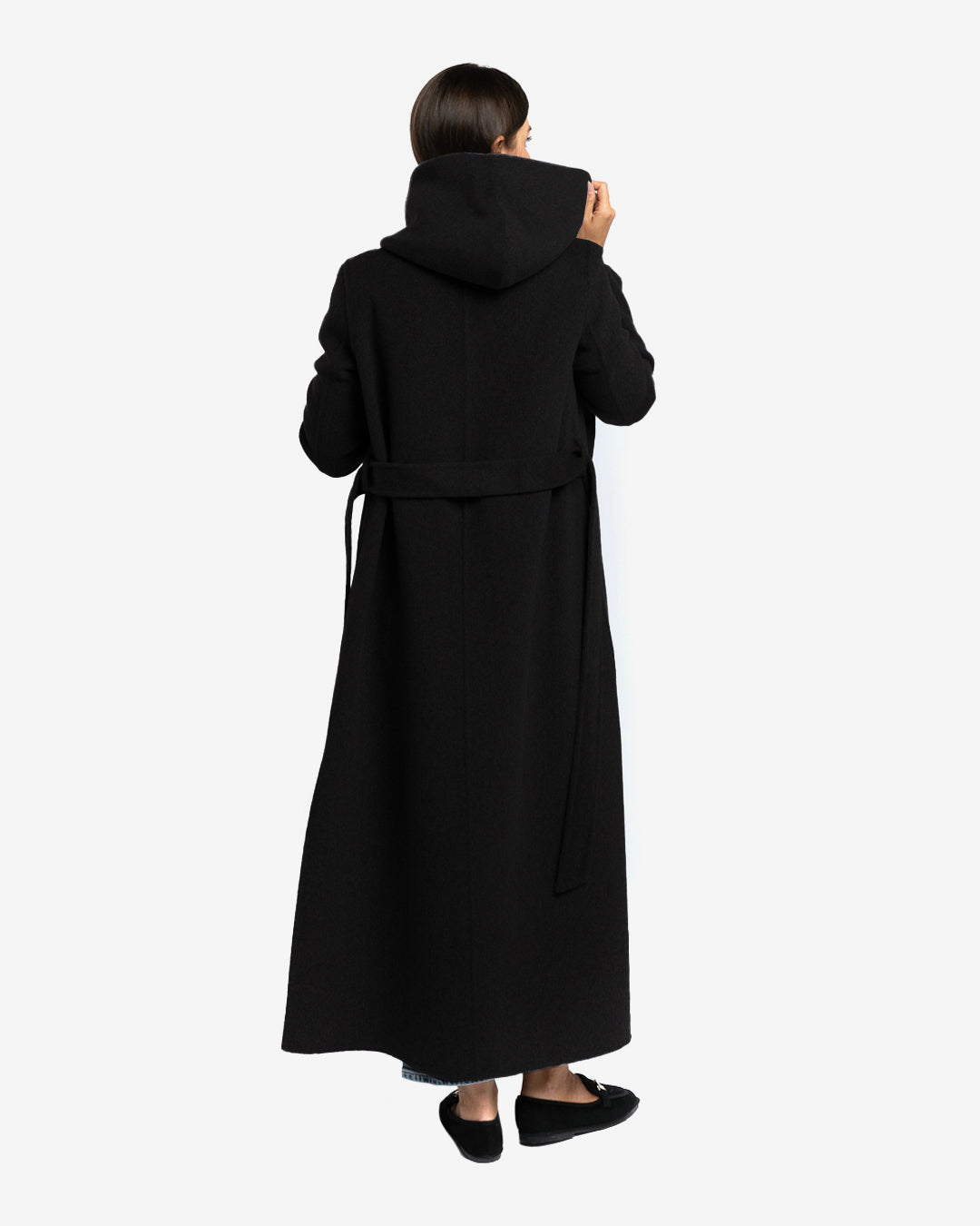 Cappotto lungo con cappuccio in lana e cashmere nero