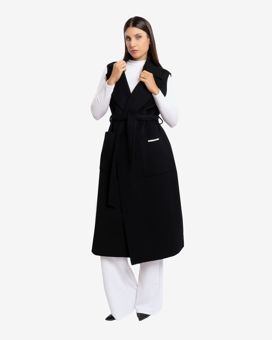 Cappotto smanicato in lana e cashmere nero