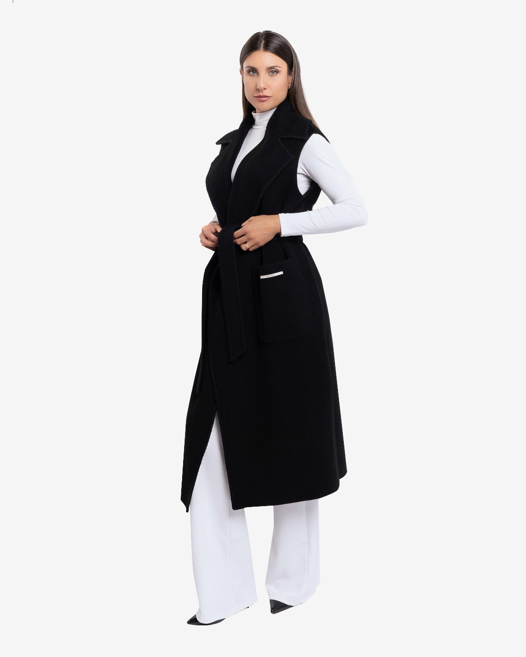 Cappotto smanicato con profilo ricamato nero in lana e cashmere nero