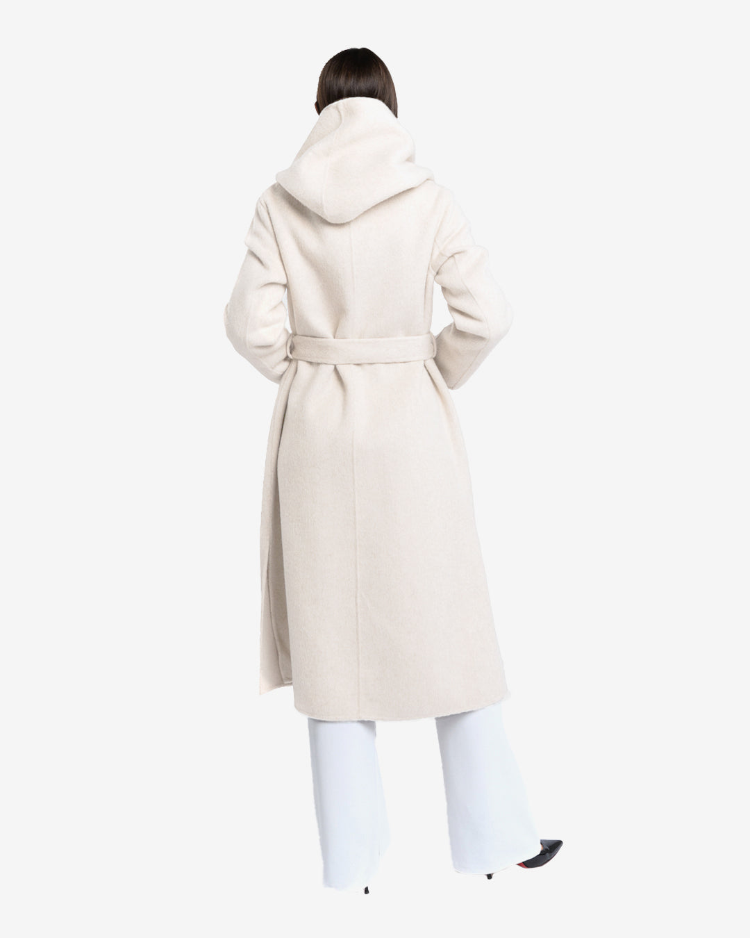 Cappotto lungo con cappuccio in lana e cashmere champagne