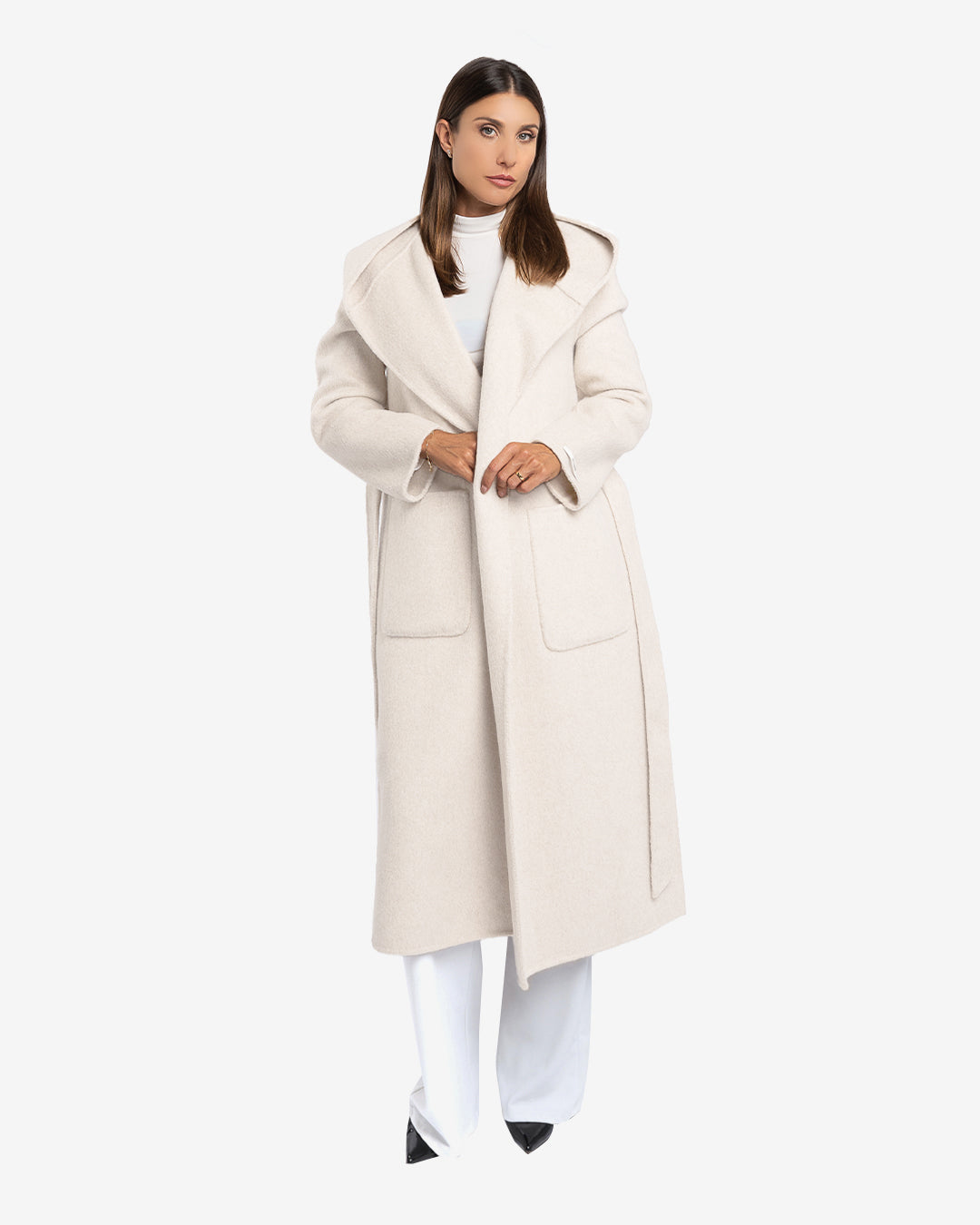 Cappotto lungo con cappuccio in lana e cashmere champagne