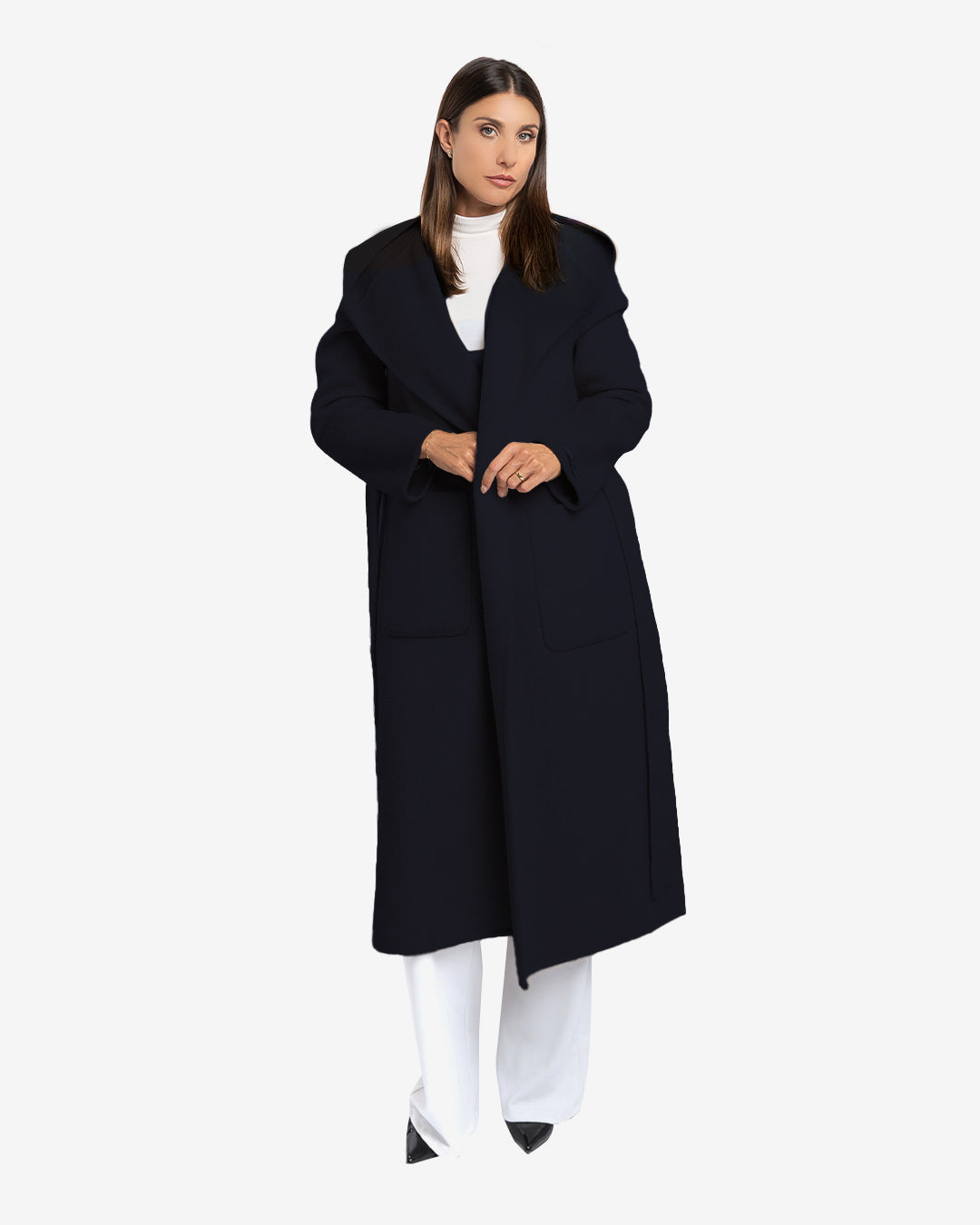 Cappotto lungo con cappuccio in lana e cashmere blu