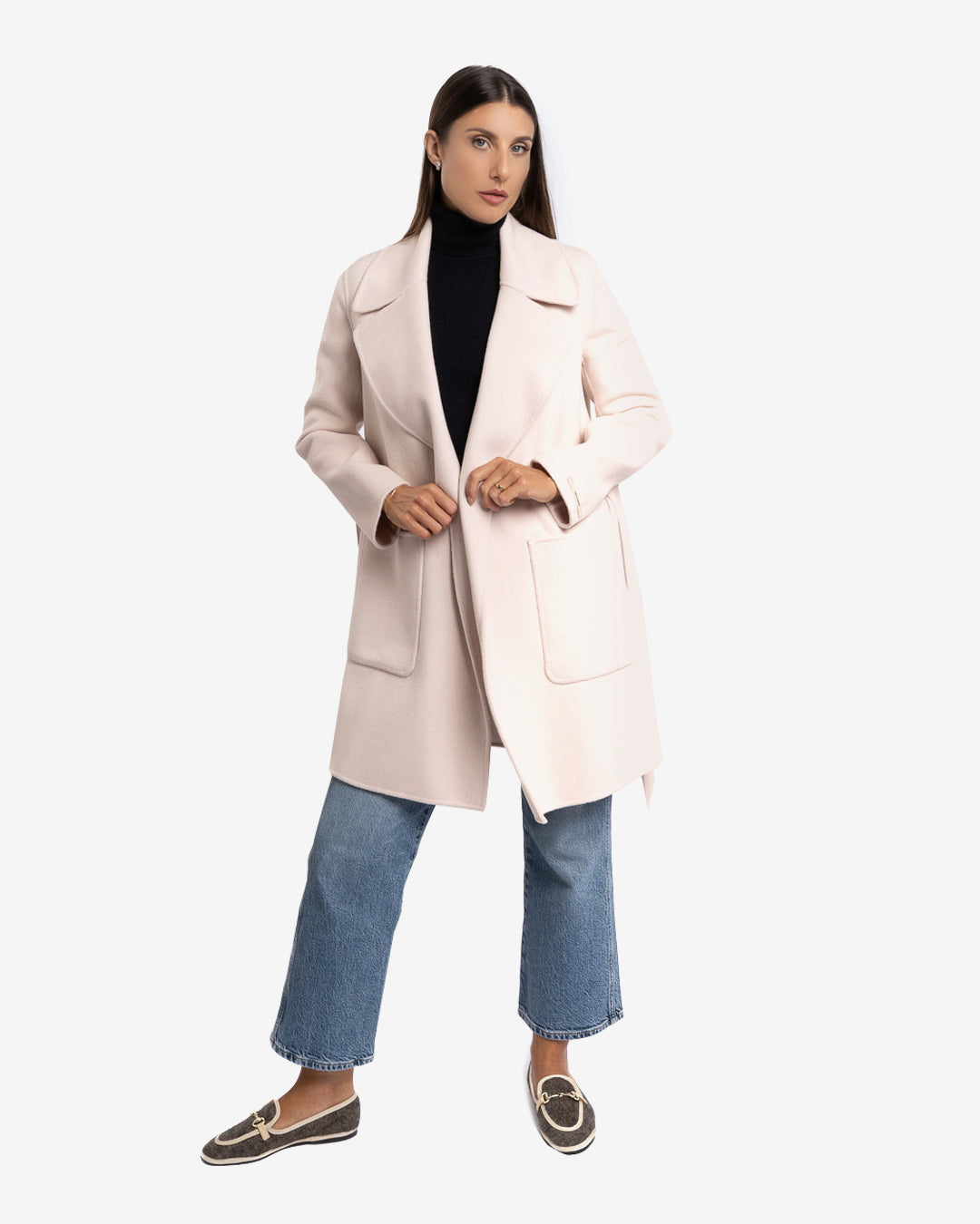 Cappotto midi in lana e cashmere champagne