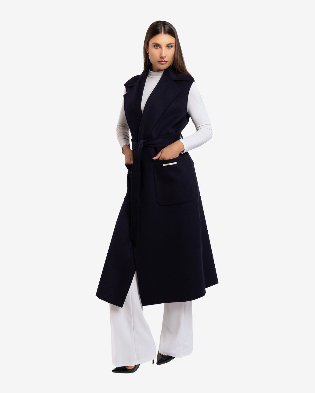 Cappotto smanicato in lana e cashmere blu