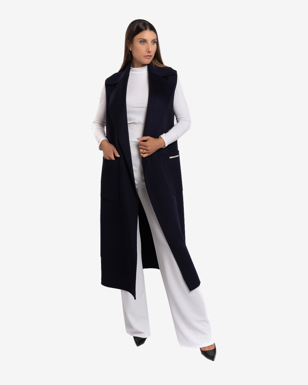 Cappotto smanicato in lana e cashmere blu