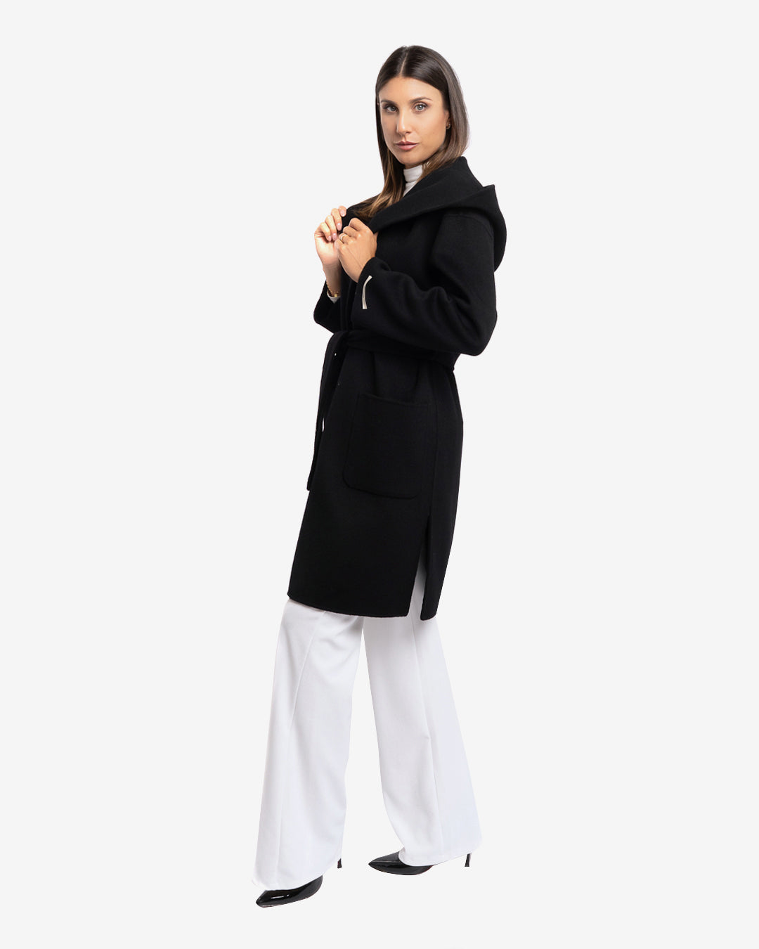 Cappotto midi con cappuccio in lana e cashmere nero