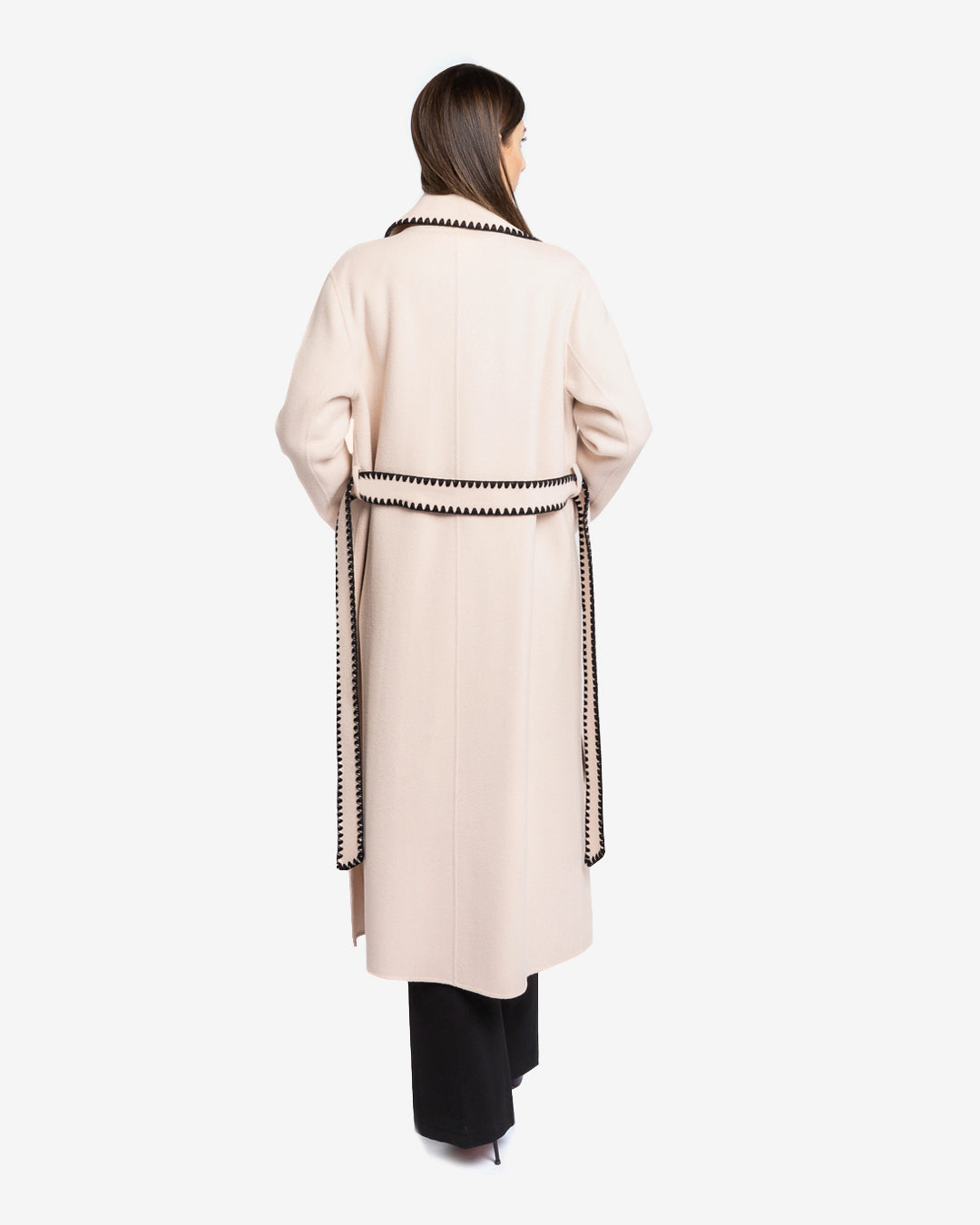 Cappotto con profilo ricamato nero in lana e cashmere champagne