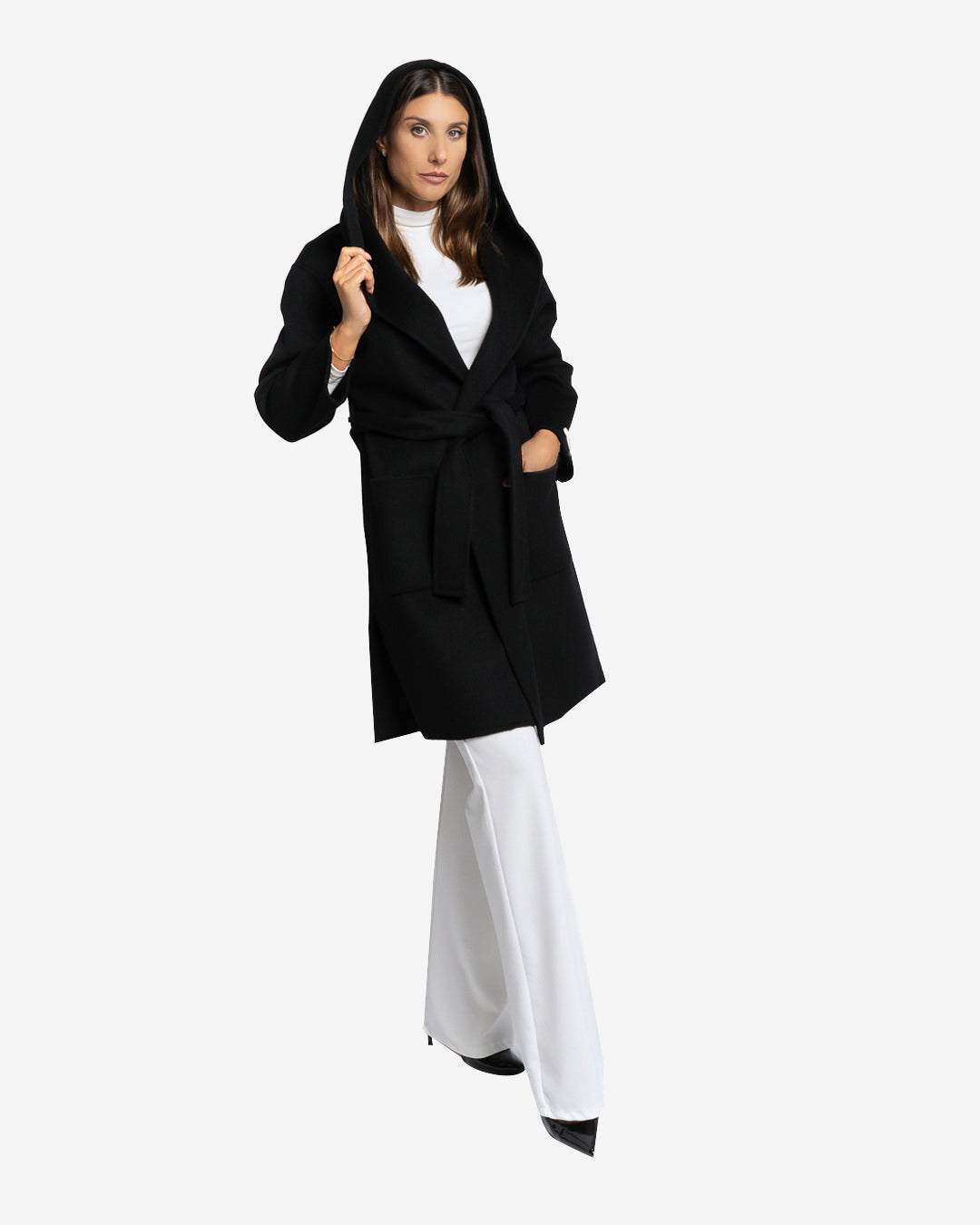 Cappotto midi con cappuccio in lana e cashmere nero