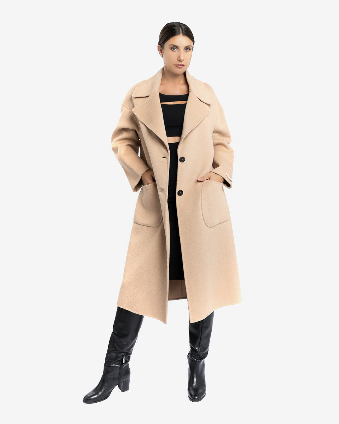 Cappotto over in lana e cashmere cammello