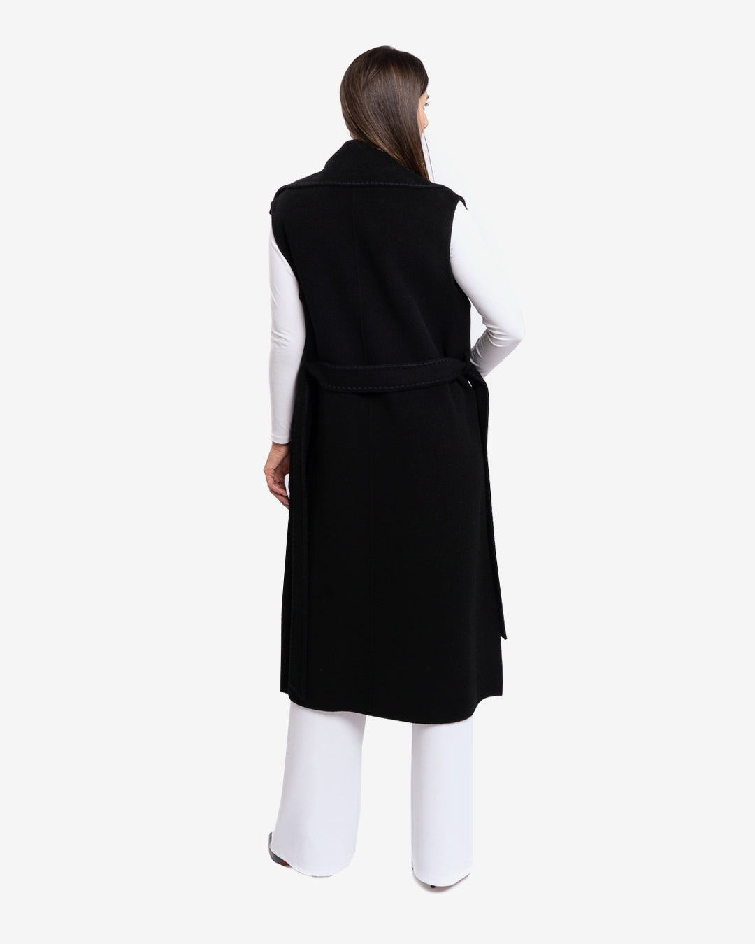 Sleeveless coat with embroidered black trim in black wool and cashmere